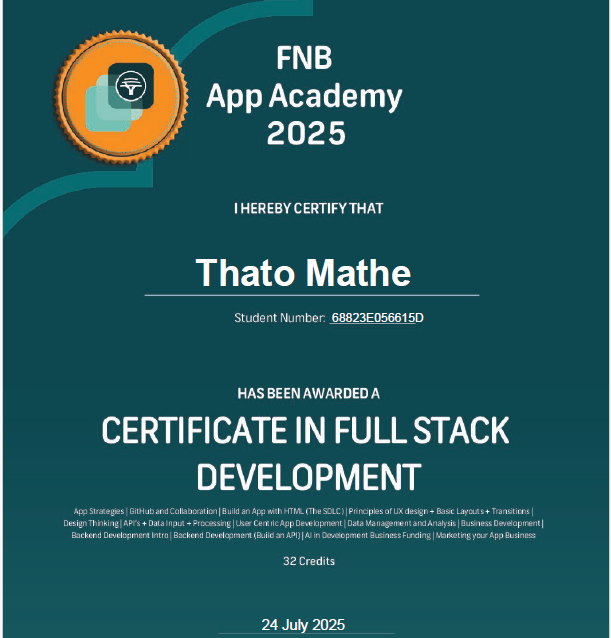 FNB App Academy Certificate